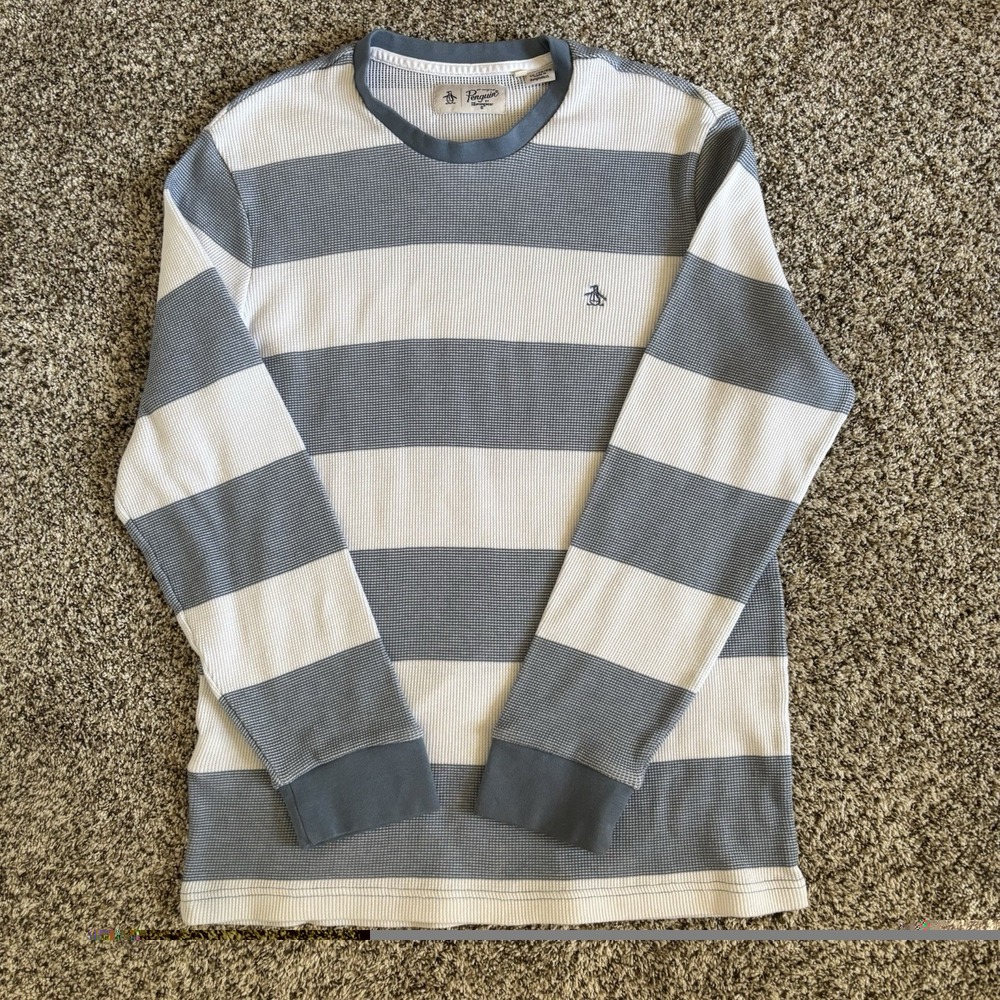 Penguin Mens XL Long Sleeve Waffle Knit Shirt Blue White Striped Crewneck Casual